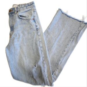 Zara Ultra High Rise Wide Leg Distressed Light Blue Wash Cotton Denim Jeans, 4